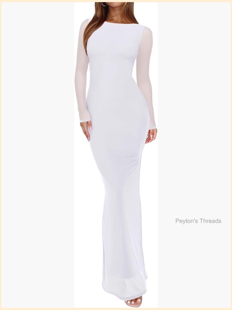 Sheer Mesh Long Sleeve Bodycon Maxi Dress Wedding Guest
